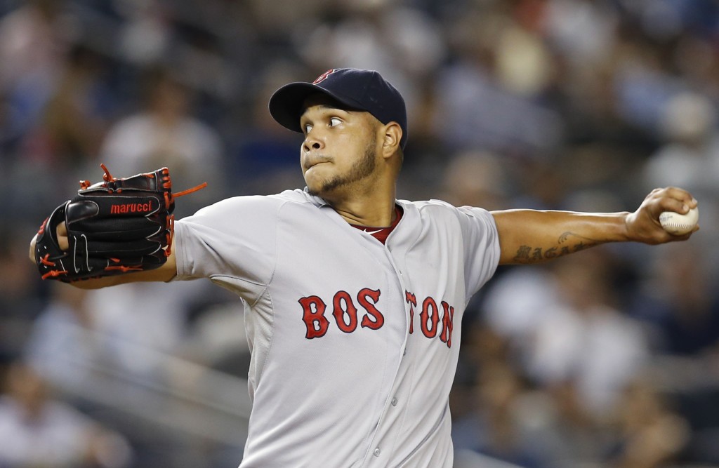 Boston Red Sox starting pitcher Eduardo Rodriguez delivers in the fourth inning of a baseball game against the New York Yankees at Yankee Stadium in New York, Monday, Sept. 28, 2015. (AP Photo/Kathy Willens)