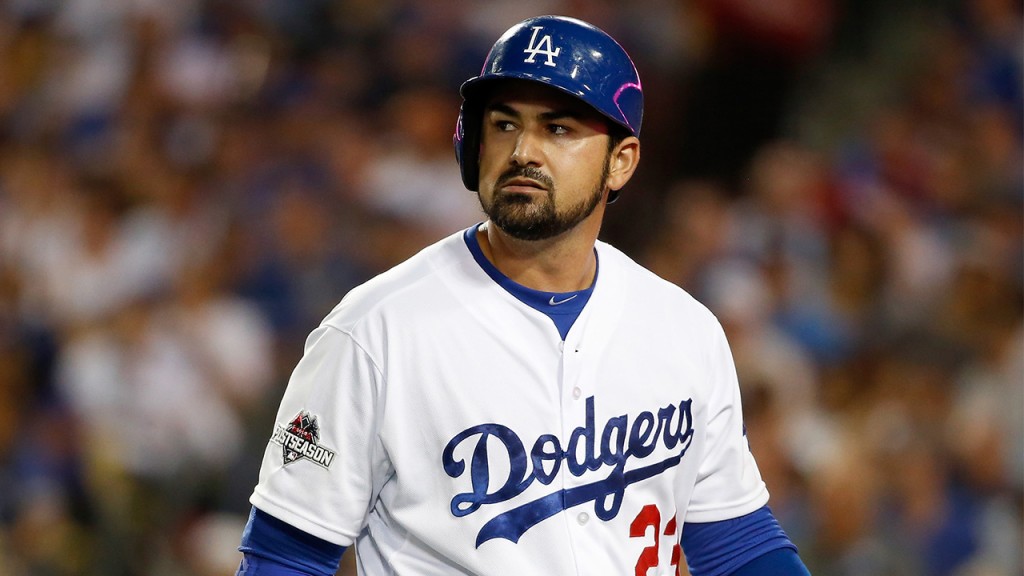 LOS ANGELES, CA - OCTOBER 15:  Adrian Gonzalez #23 of the Los Angeles Dodgers reacts after striking out in the fifth inning against the New York Mets in game five of the National League Division Series at Dodger Stadium on October 15, 2015 in Los Angeles, California.  (Photo by Sean M. Haffey/Getty Images)