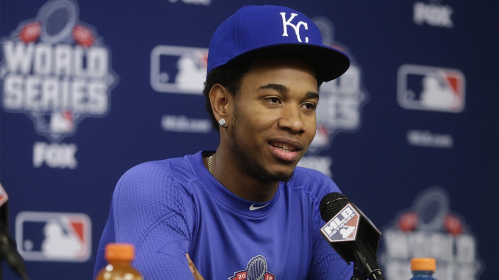 Kansas City Royals starting pitcher Yordano Ventura reacts to a question during a news conference before Game 3 of the Major League Baseball World Series against the New York Mets, Thursday, Oct. 29, 2015, in New York. (AP Photo/Frank Franklin II)