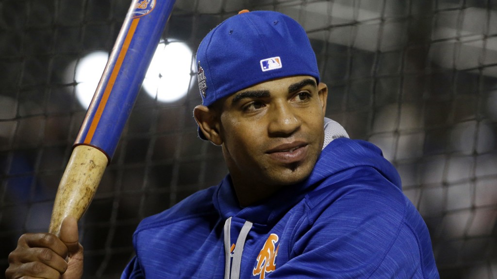 New York Mets' Yoenis Cespedes hits before Game 5 of the Major League Baseball World Series between the New York Mets and Kansas City Royals Sunday, Nov. 1, 2015, in New York. (AP Photo/David J. Phillip)