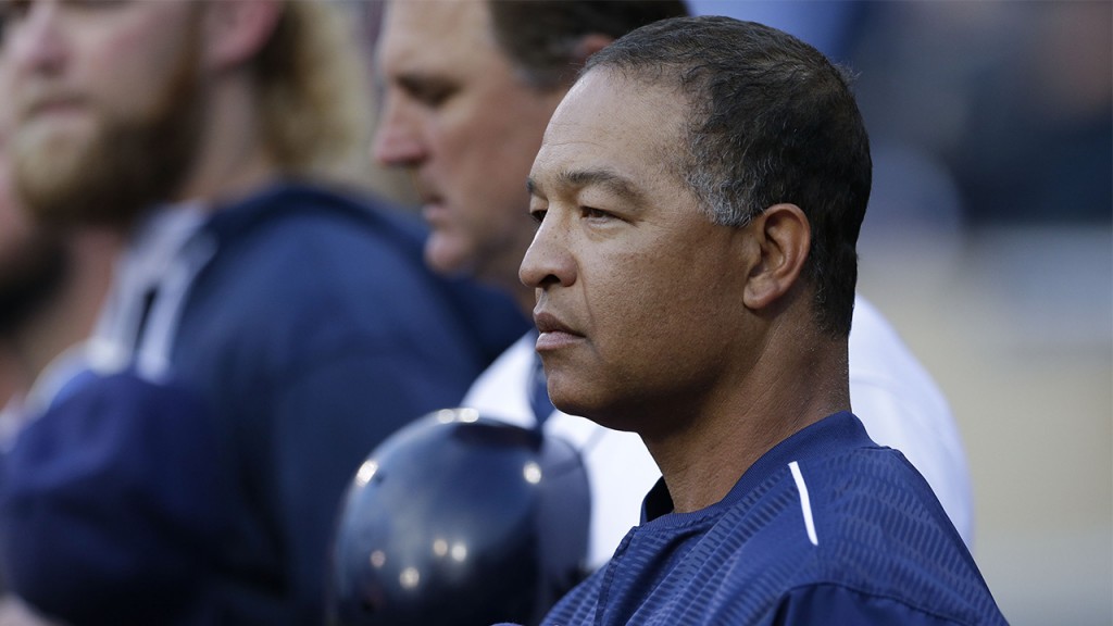 San Diego Padres' acting manager Dave Roberts looks on before the Padres play the Oakland Athletics in a baseball game Monday, June 15, 2015, in San Diego. (AP Photo/Gregory Bull)