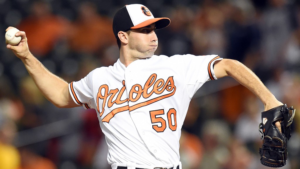 BALTIMORE, MD - AUGUST 20: Miguel Gonzalez #50 of the Baltimore Orioles pitches in the second inning during a baseball game against the Minnesota Twins at Oriole Park at Camden Yards on August 20, 2015 in Baltimore, Maryland. (Photo by Mitchell Layton/Getty Images)