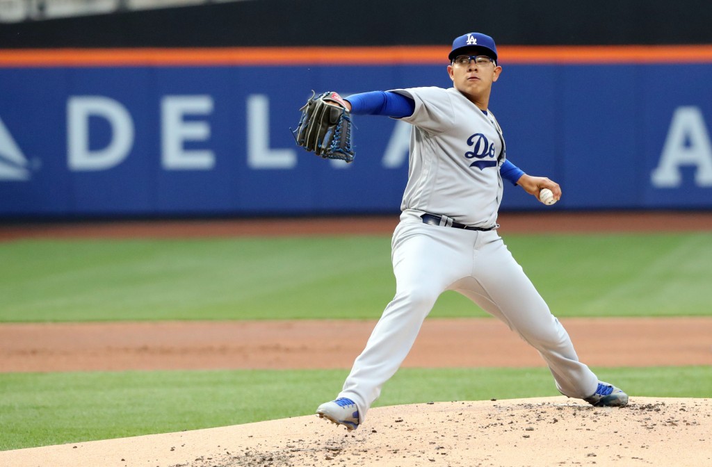 May 27, 2016; New York City, NY, USA; Los Angeles Dodgers starting pitcher Julio Urias (78) pitches during the first inning against the New York Mets at Citi Field. Mandatory Credit: Anthony Gruppuso-USA TODAY Sports ORG XMIT: USATSI-259694 ORIG FILE ID: 20160527_sal_ag9_031.JPG
