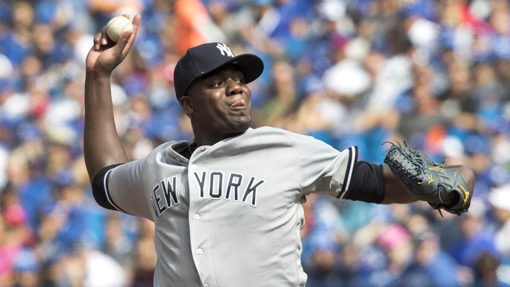 New York Yankees starting pitcher Michael Pineda throws against the Toronto Blue Jays during the first inning of their baseball game in Toronto, Sunday Sept. 25, 2016. (Fred Thornhill/The Canadian Press via AP)