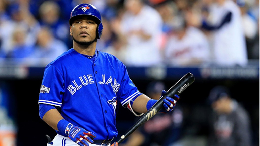 TORONTO, ON - OCTOBER 19:  Edwin Encarnacion #10 of the Toronto Blue Jays looks on against the Cleveland Indians during game five of the American League Championship Series at Rogers Centre on October 19, 2016 in Toronto, Canada.  (Photo by Vaughn Ridley/Getty Images)
