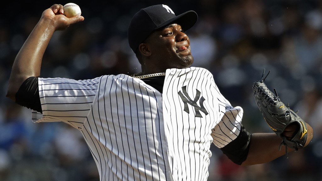 New York Yankees' Michael Pineda delivers a pitch during the first inning of a baseball game against the Los Angeles Dodgers, Wednesday, Sept. 14, 2016, in New York. (AP Photo/Frank Franklin II)