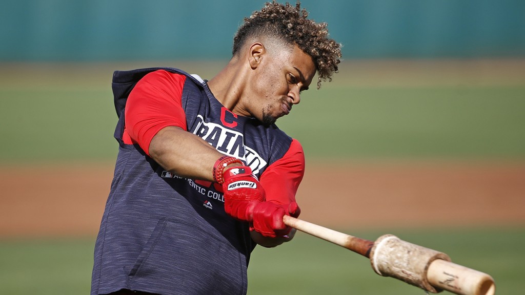 Cleveland Indians shortstop Francisco Lindor takes a practice swing during batting practice at the Indians baseball spring training facility Tuesday, Feb. 14, 2017, in Goodyear, Ariz. (AP Photo/Ross D. Franklin)