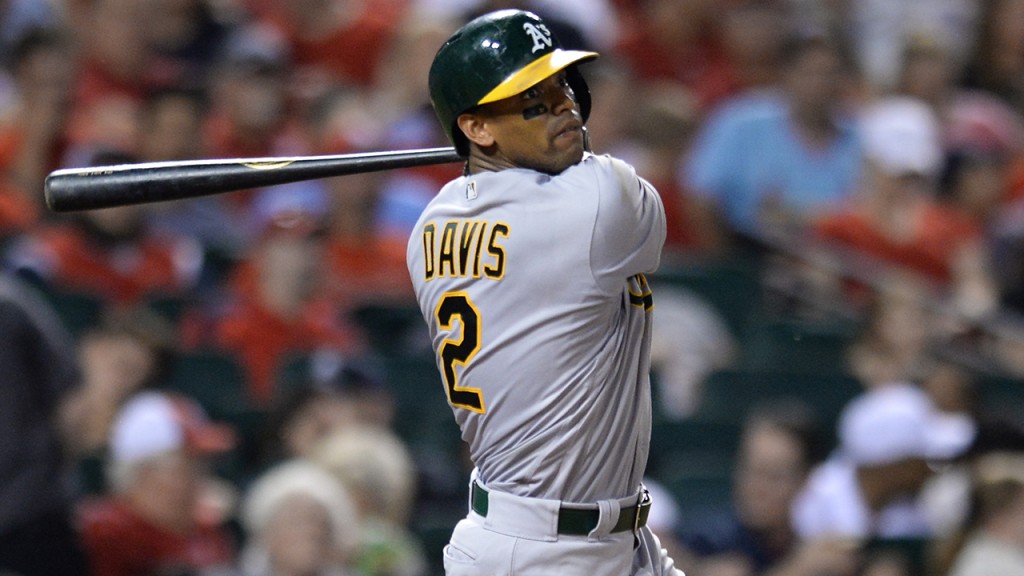 Oakland Athletics' Khris Davis (2) bats against the St. Louis Cardinals during a baseball game on Saturday, Aug. 27, 2016, in St. Louis. (AP Photo/Michael Thomas)