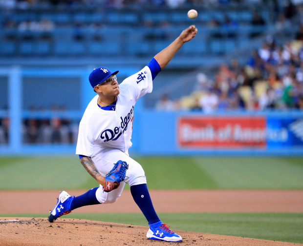 LOS ANGELES, CA - MAY 03:  Julio Urias #7 of the Los Angeles Dodgers pitches during the first inning against the San Francisco Giants at Dodger Stadium on May 3, 2017 in Los Angeles, California.  (Photo by Harry How/Getty Images)