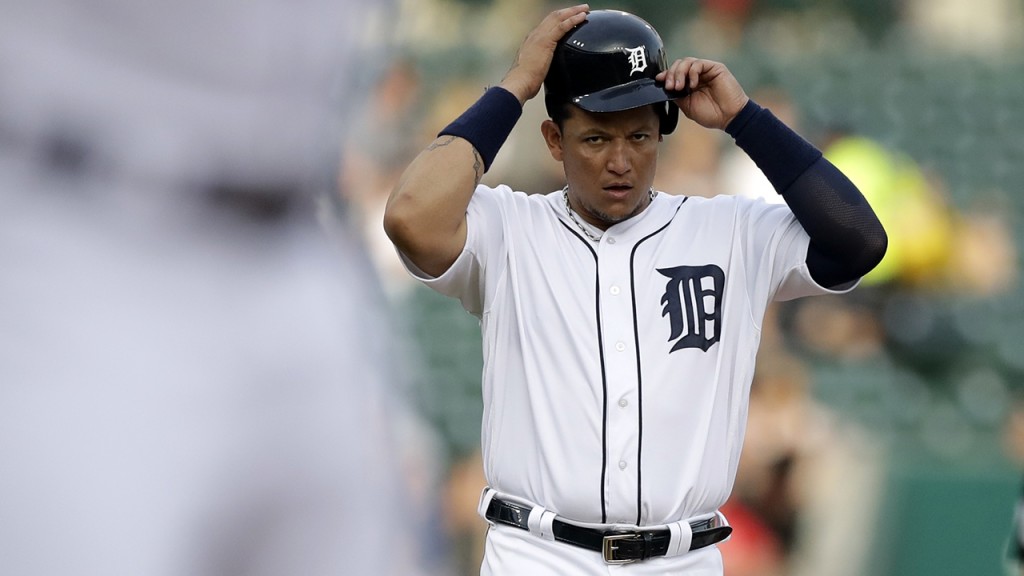 Detroit Tigers' Miguel Cabrera leads off third during the first inning of a baseball game against the Baltimore Orioles, Tuesday, May 16, 2017, in Detroit. (AP Photo/Carlos Osorio)