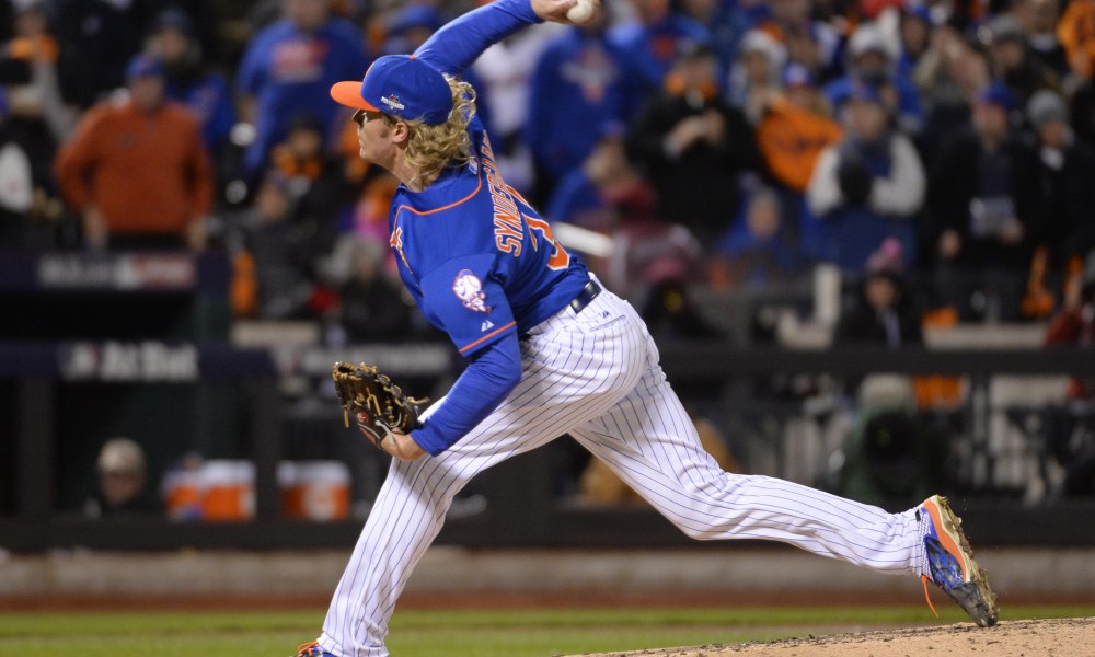 Oct 18, 2015; New York City, NY, USA; New York Mets starting pitcher Noah Syndergaard throws a pitch against the Chicago Cubs in game two of the NLCS at Citi Field. Mandatory Credit: Robert Deutsch-USA TODAY Sports ORG XMIT: USATSI-245770 ORIG FILE ID:  20151018_jla_usa_334.jpg