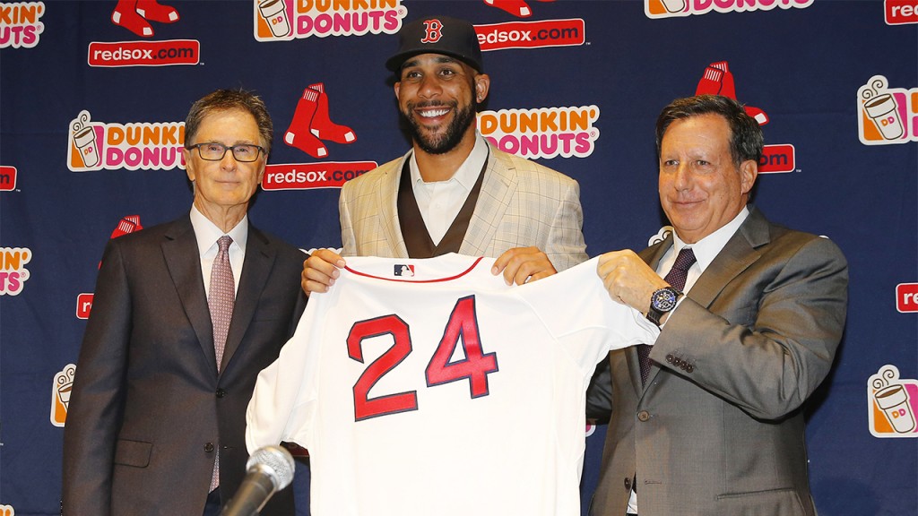 Boston Red Sox pitcher David Price, center, holds up his new jersey with principal owner John Henry, left, and chairman Tom Werner at a news conference announcing his signing by the team at Fenway Park in Boston, Friday, Dec. 4, 2015. (AP Photo/Winslow Townson)