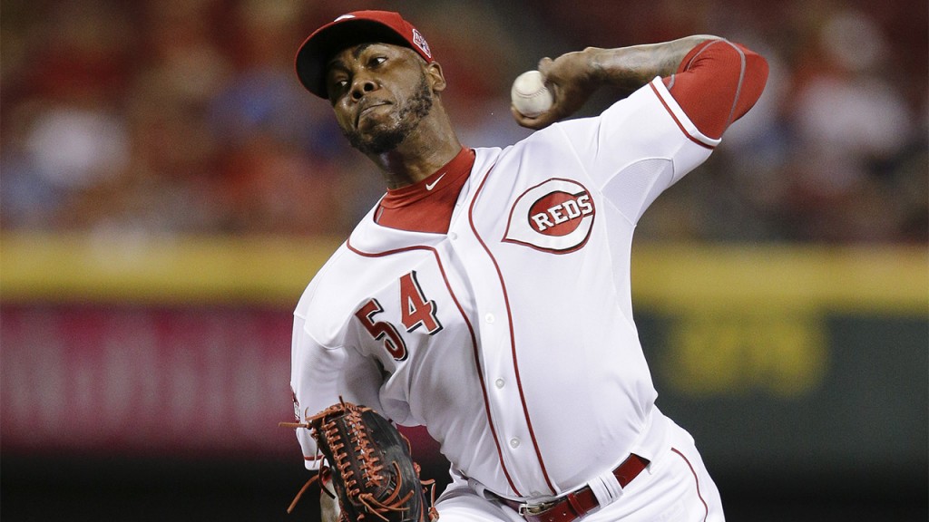 Cincinnati Reds relief pitcher Aroldis Chapman throws during the ninth inning of a baseball game against the St. Louis Cardinals, Tuesday, Aug. 4, 2015, in Cincinnati. Chapman recorded a save as the Reds won 3-2. (AP Photo/John Minchillo)