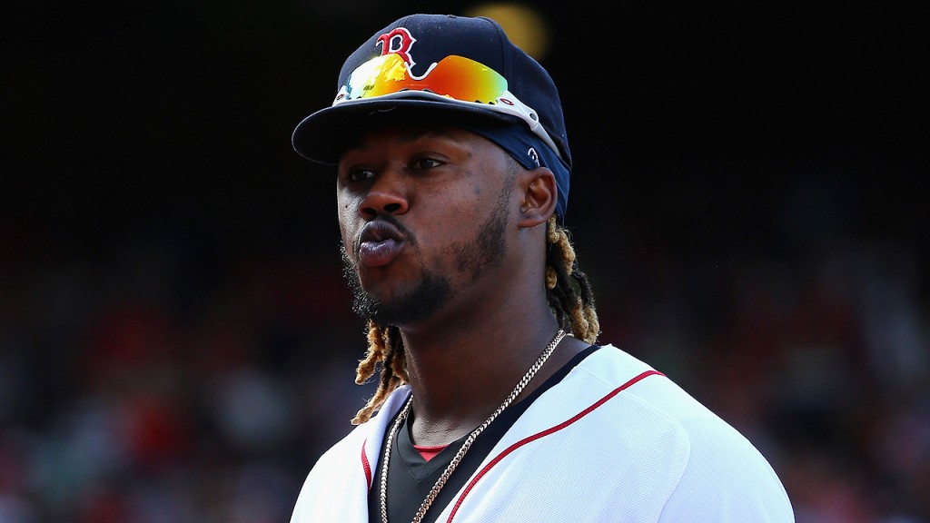 BOSTON, MA - AUGUST 02:  Hanley Ramirez #13 of the Boston Red Sox looks towards the crowd during the sixth inning against the Tampa Bay Rays at Fenway Park on August 2, 2015 in Boston, Massachusetts.  (Photo by Maddie Meyer/Getty Images)