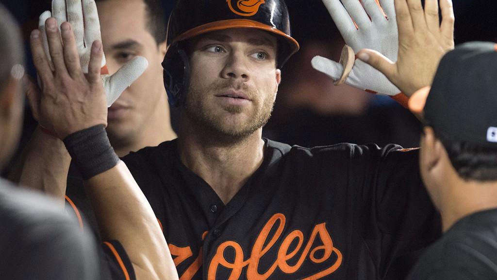 Baltimore Orioles' Chris Davis, center, celebrates with teammates following a two-run home run during the sixth inning against the Toronto Blue Jays in a baseball game Friday, Sept. 4, 2015, in Toronto. (Darren Calabrese/The Canadian Press via AP)