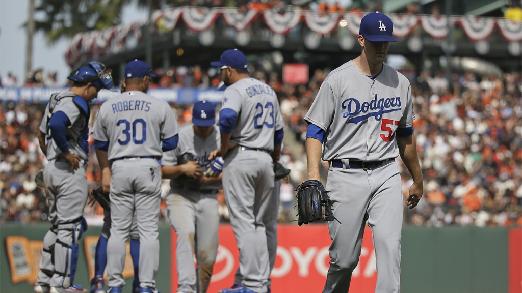 Los Angeles Dodgers starting pitcher Alex Wood walks to the dugout after being removed in the sixth inning of a baseball game against the San Francisco Giants, Thursday, April 7, 2016, in San Francisco. (AP Photo/Eric Risberg)
