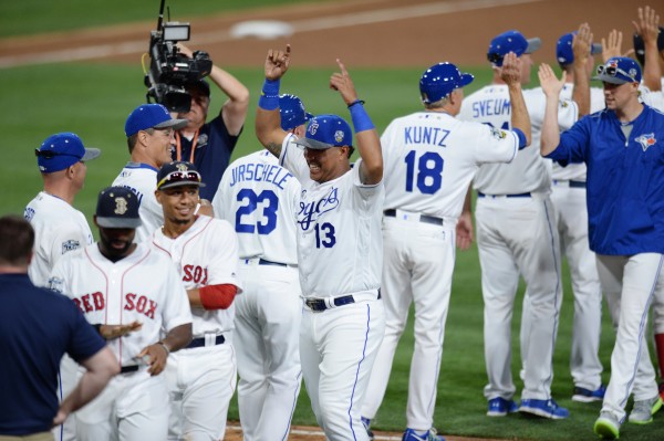 Jul 12, 2016; San Diego, CA, USA; American League catcher Salvador Perez (13) of the Kansas City Royals celebrates with teammates after the 2016 MLB All Star Game at Petco Park. Mandatory Credit: Gary A. Vasquez-USA TODAY Sports