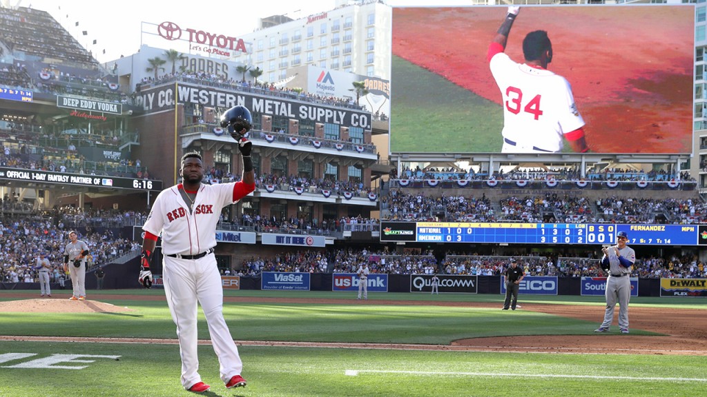 SAN DIEGO, CA - JULY 12:  David Ortiz #34 of the Boston Red Sox and the American League waves to the crowd after he is taken out of the game in the third inning during the 87th Annual MLB All-Star Game at PETCO Park on July 12, 2016 in San Diego, California.  (Photo by Sean M. Haffey/Getty Images)