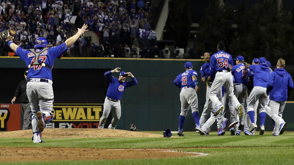 The Chicago Cubs celebrate after Game 7 of the Major League Baseball World Series against the Cleveland Indians Thursday, Nov. 3, 2016, in Cleveland. The Cubs won 8-7 in 10 innings to win the series 4-3. (AP Photo/David J. Phillip)