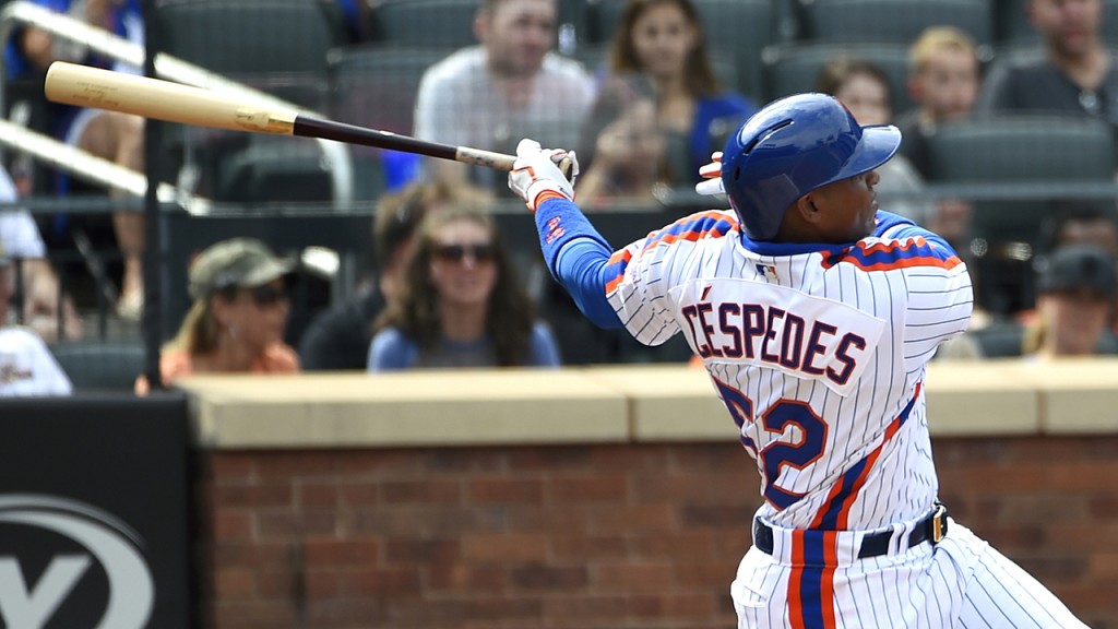 FILE - In this Sept. 18, 2016, file photo, New York Mets' Yoenis Cespedes swings for a double as John Ryan Murphy catches for the Minnesota Twins in the third inning of a baseball game, in New York. The price of qualifying offers for Major League Baseball free agents will be $17.2 million this year. The figure, announced Thursday, Oct. 13, 2016, is up 8.9 percent from $15.8 million last year. (AP Photo/Kathy Kmonicek, File)